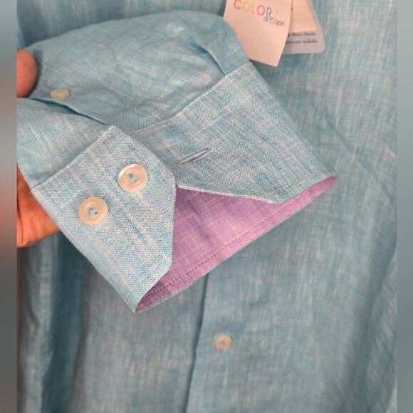 COLORI de Capri Collared Turquoise Button Up Slimfit Longsleeve Linen Small - Picture 4 of 7